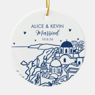 Santorini Greece First Married Christmas Custom Ceramic Tree Decoration
