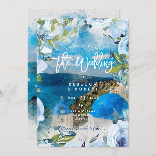 Santorini Greece floral summer wedding invitation (Front/Back)