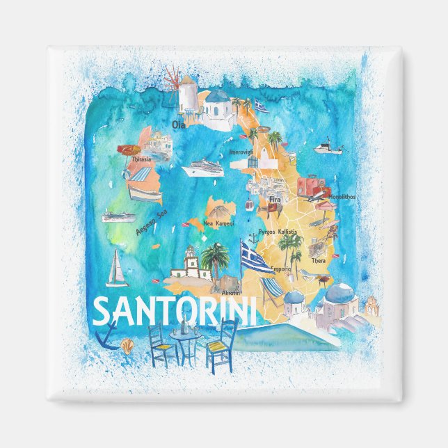 Santorini Greece Illustrated Map with Main Roads Magnet (Front)