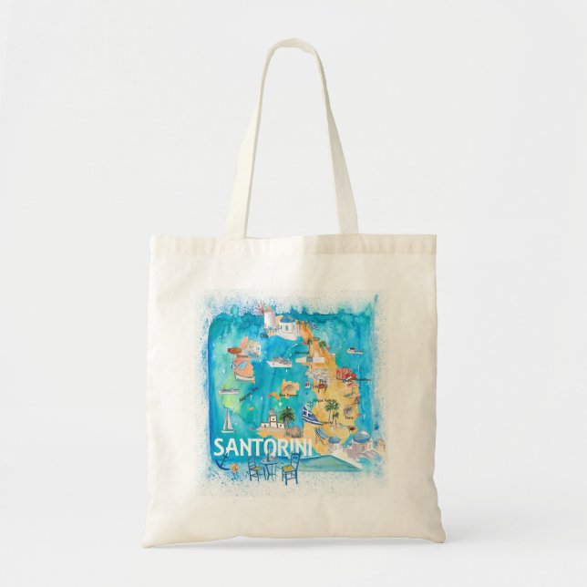 Santorini Greece Illustrated Map with Main Roads Tote Bag (Front)