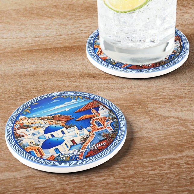 Santorini Greece Island Sea Painting | Travel Art  Coaster (Santorini Greece Island Sea Painting | Travel Art Coaster)