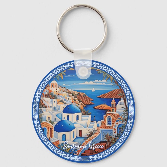 Santorini Greece Island Sea Painting | Travel Art  Key Ring (Front)