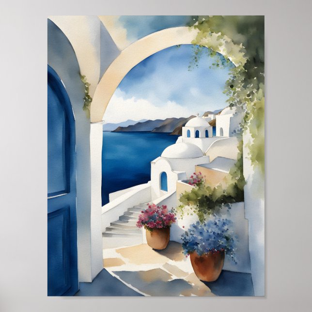 Santorini Greece Island Watercolor Poster (Front)