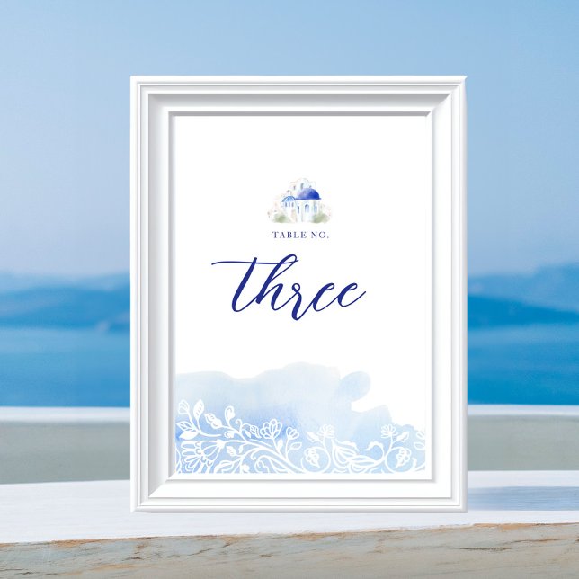 Santorini Greece Landscape Blue Watercolor Wedding Table Number (Santorini Greece Landscape Blue Watercolor Wedding Table Number)