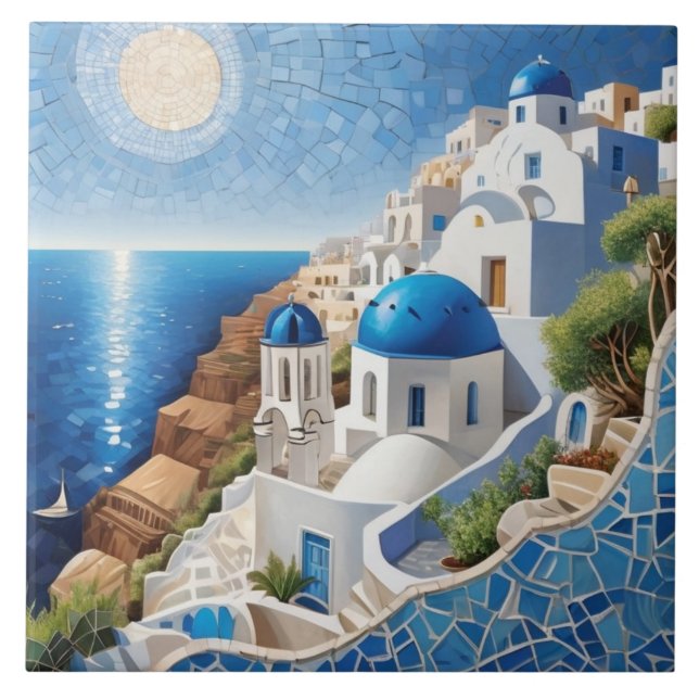 Santorini Greece Mixed Media Mosaic - Greek Island Tile (Front)
