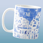 Santorini Greece Monogram Watercolor Coffee Mug<br><div class="desc">Watercolor blue and white townscape painting based on the Greek island of Santorini.  Original art by Nic Squirrell. Change the monogram initial to personalise.</div>