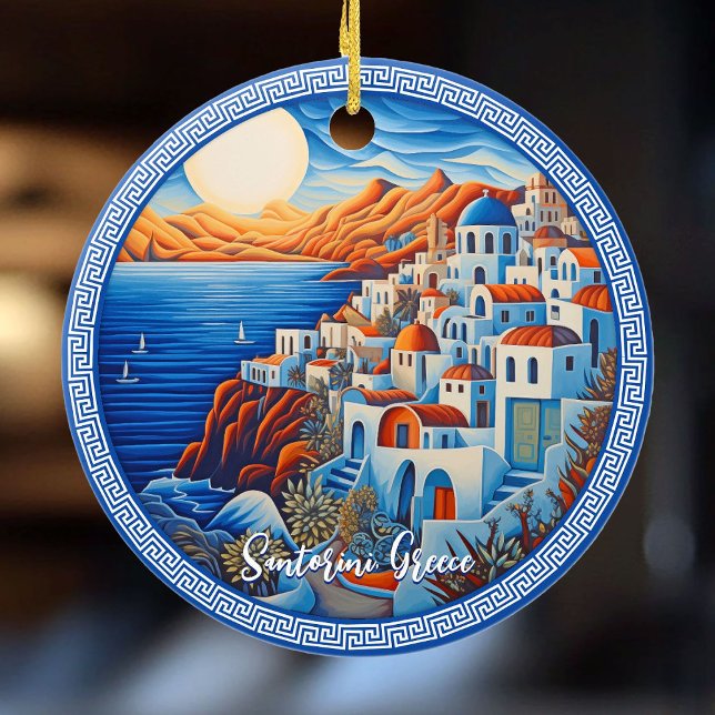 Santorini Greece Painting | Travel Art Ceramic Tree Decoration (Santorini Greece Painting | Travel Art Ceramic Ornament)