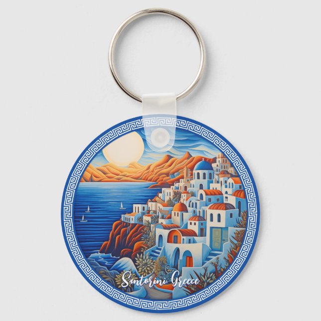Santorini Greece Painting | Travel Art  Key Ring (Front)