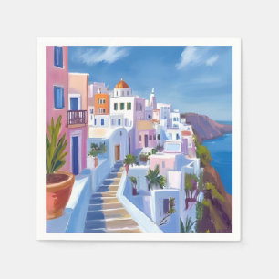Santorini Greece Painting Watercolor Travel Napkin