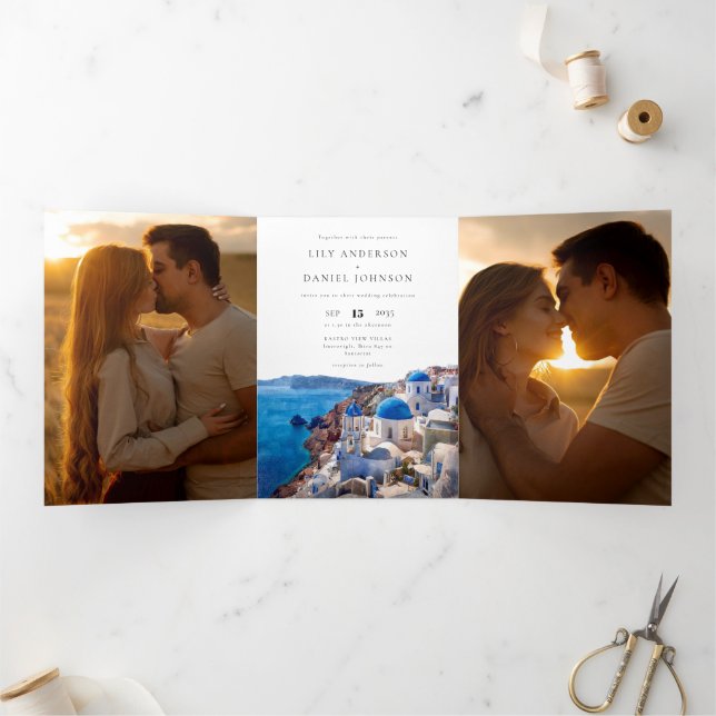 Santorini Greece QR Code 3 Photo Wedding Tri-Fold Invitation (Inside)
