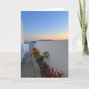 Santorini Greece Street Plants Sunset  Card
