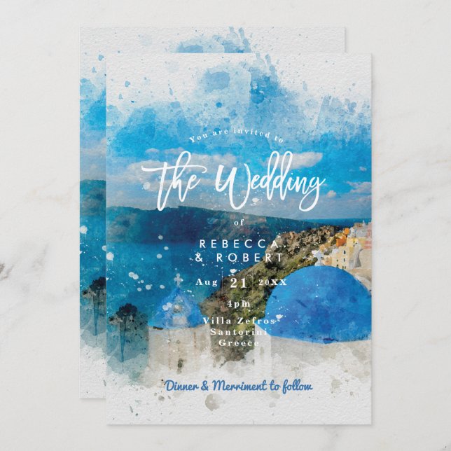 Santorini Greece summer wedding invitation (Front/Back)
