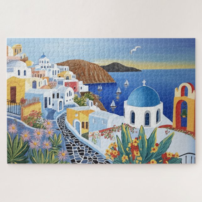 Santorini Greece Vibrant Watercolor Painting Jigsaw Puzzle (Horizontal)
