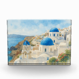 Santorini Greece Watercolor Blue Dome Church Art Photo Block