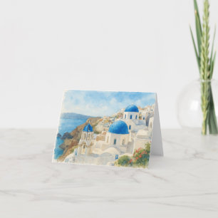 Santorini Greece Watercolor Blue Dome Church Art Thank You Card