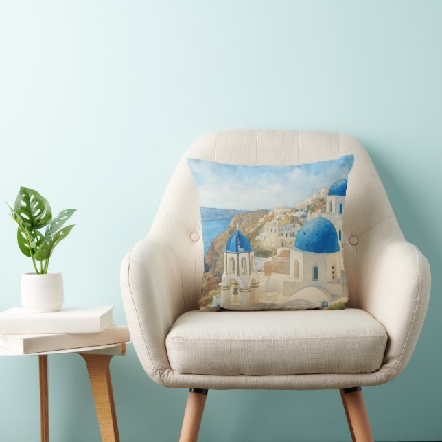 Santorini Greece Watercolor Blue Dome Church Cushion (Chair)