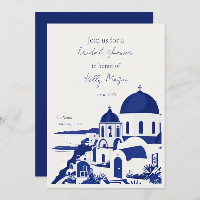 Santorini Greece Watercolor Bridal Shower Invitation (Front/Back)