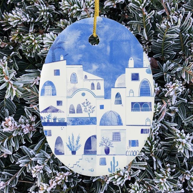 Santorini Greece Watercolor Ceramic Ornament (Santorini watercolor blue and white art Christmas ornament)