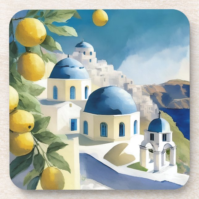 Santorini Greece Watercolor Coaster (Front)