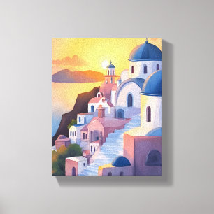 Santorini, Greece   Watercolor Coastline Sunset Canvas Print