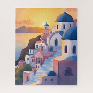 Santorini, Greece Watercolor Coastline Sunset Jigsaw Puzzle