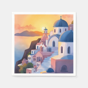 Santorini, Greece Watercolor Coastline Sunset Napkin