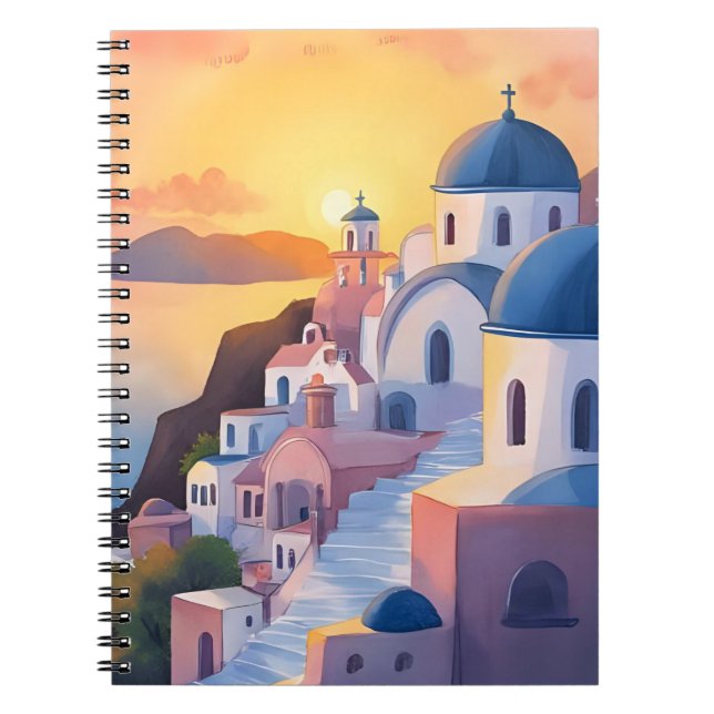 Santorini, Greece | Watercolor Coastline Sunset Notebook (Front)