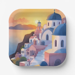 Santorini, Greece Watercolor Coastline Sunset Paper Plate