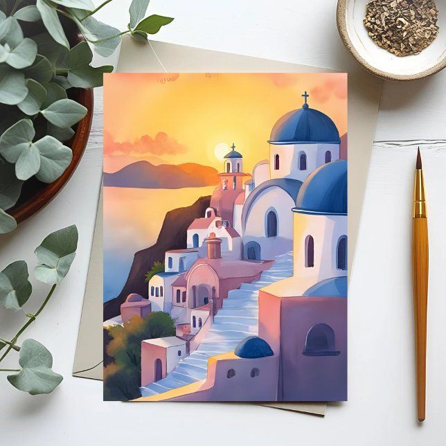 Santorini, Greece | Watercolor Coastline Sunset Postcard (Creator Uploaded)