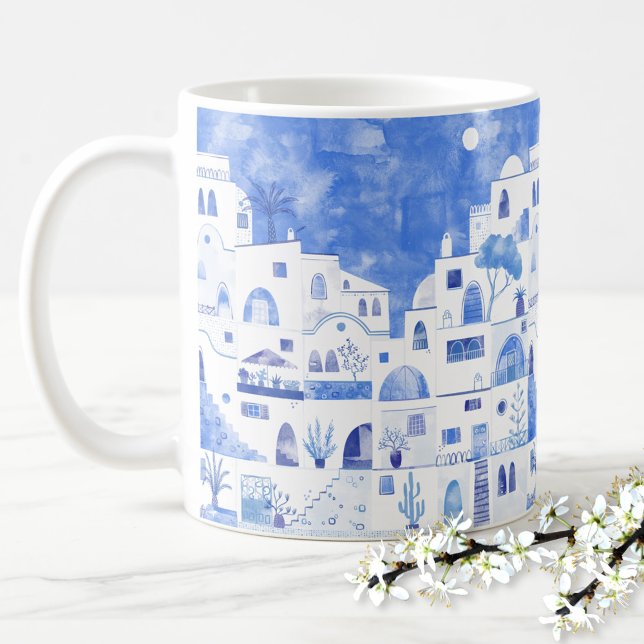 Santorini Greece Watercolor Coffee Mug (Santorini blue and white watercolor painting on a coffee mug)