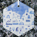 Santorini Greece Watercolor Glass Tree Decoration<br><div class="desc">A blue and white watercolor townscape painting of the beautiful Greek island of Santorini.  Original art by Nic Squirrell.</div>