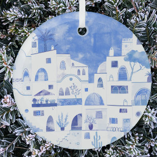 Santorini Greece Watercolor Glass Tree Decoration