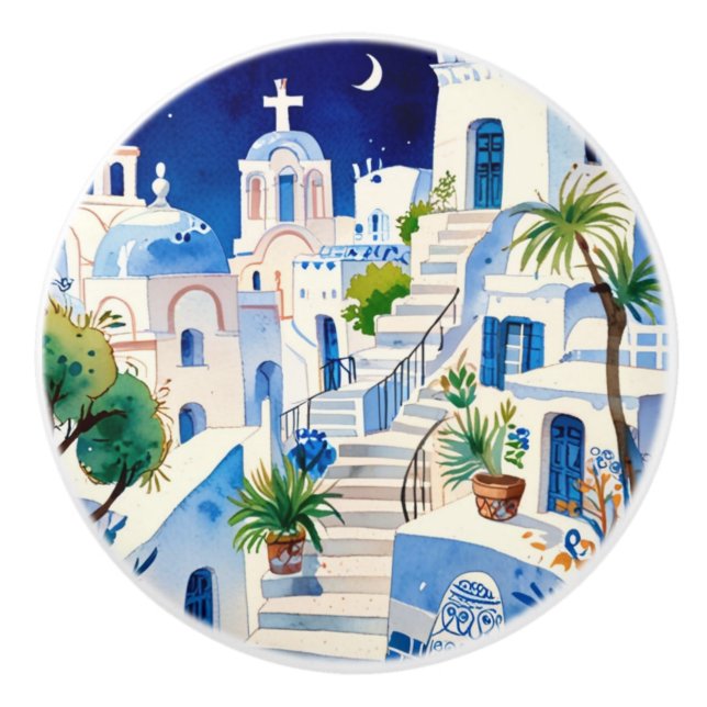 Santorini, Greece Watercolor - Greek Island Art Ceramic Knob (Front)