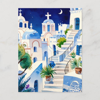 Santorini, Greece Watercolor - Greek Island Art Postcard