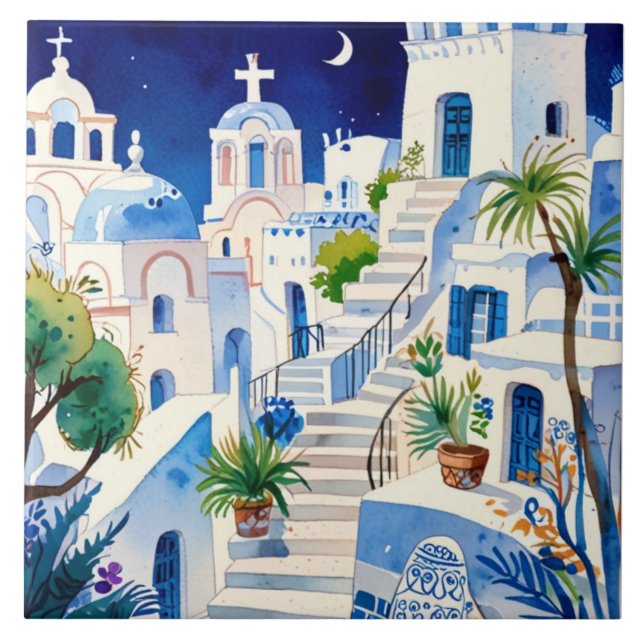 Santorini, Greece Watercolor - Greek Island Art Tile (Front)