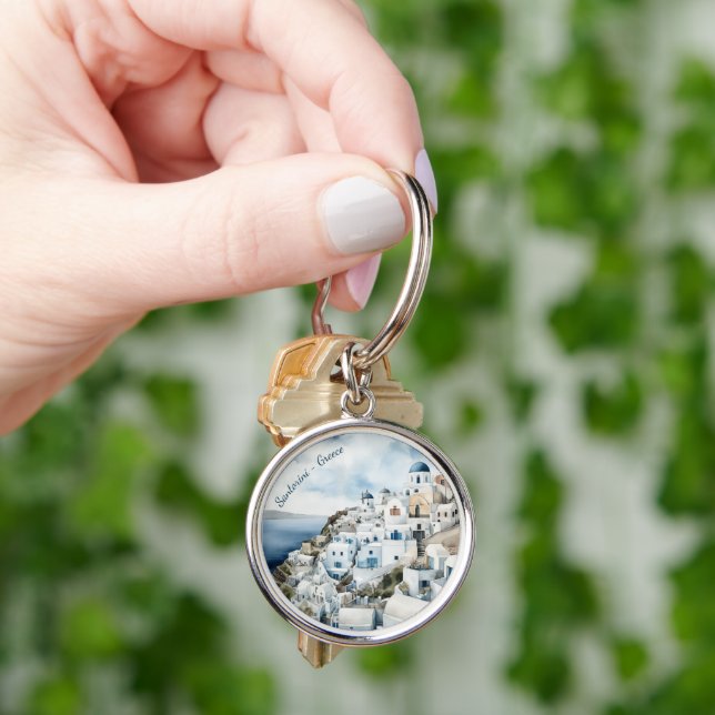 Santorini Greece Watercolor Key Ring (Hand)