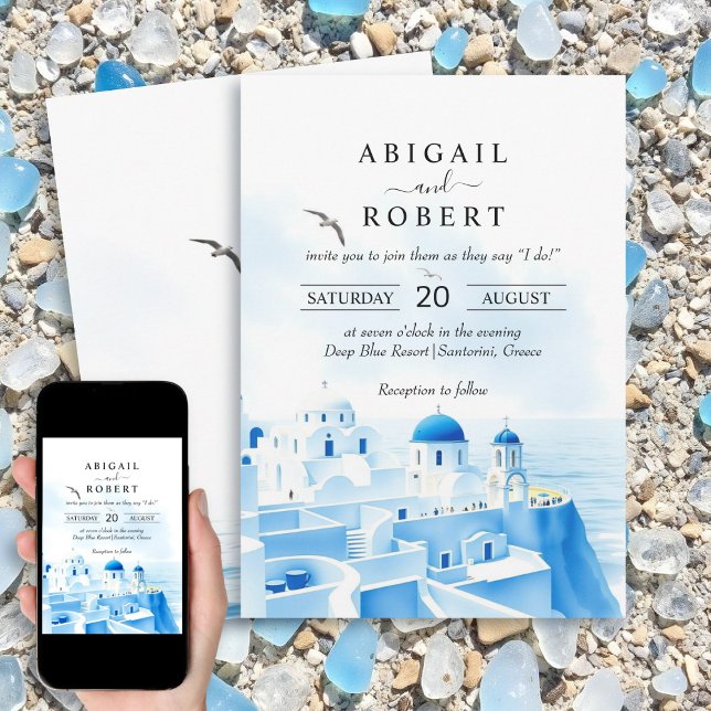 Santorini Greece watercolor landscape wedding Invitation (Creator Uploaded)