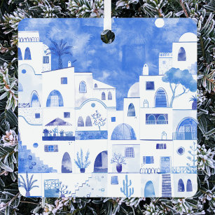Santorini Greece Watercolor Metal Tree Decoration