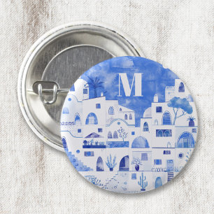 Santorini Greece Watercolor Monogram 3 Cm Round Badge