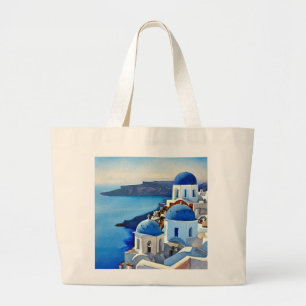Santorini Greece Watercolor Painting Large Tote Bag