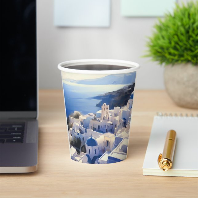 Santorini Greece Watercolor Painting Paper Cups (Insitu)