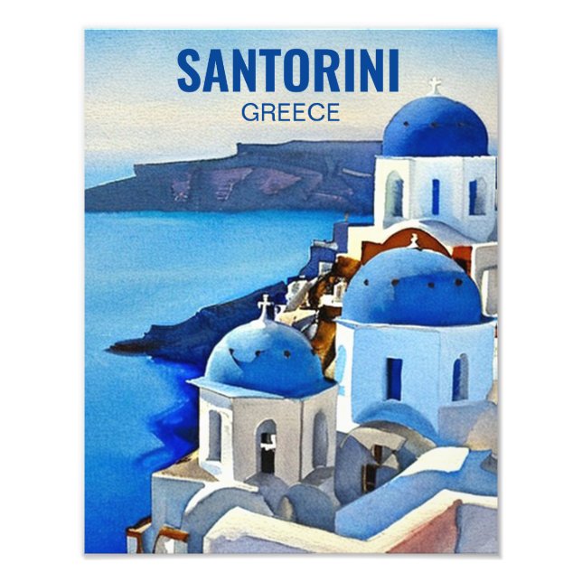 Santorini Greece Watercolor Painting Photo Print (Front)