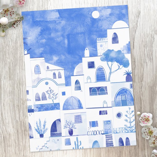 Santorini Greece Watercolor Painting Postcard (Creator Uploaded)
