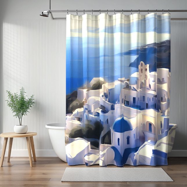 Santorini Greece Watercolor Painting Shower Curtain (Creator Uploaded)