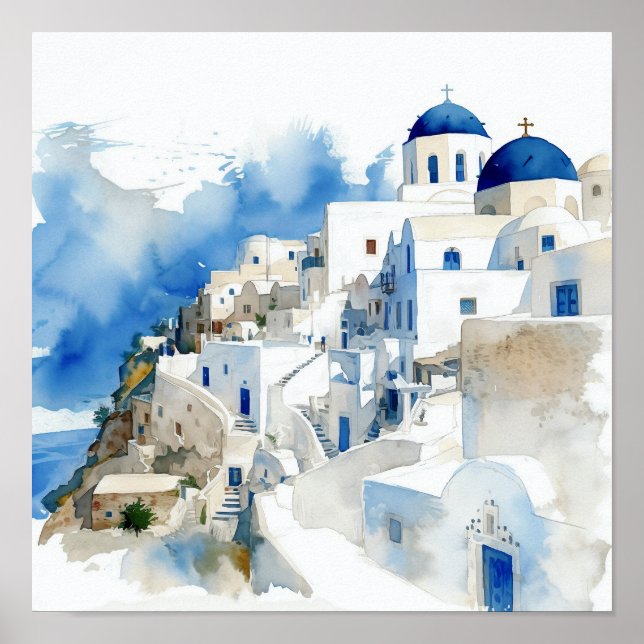 Santorini Greece Watercolor Painting Square Poster (Front)