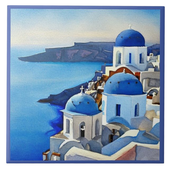 Santorini Greece Watercolor Painting Tile (Front)