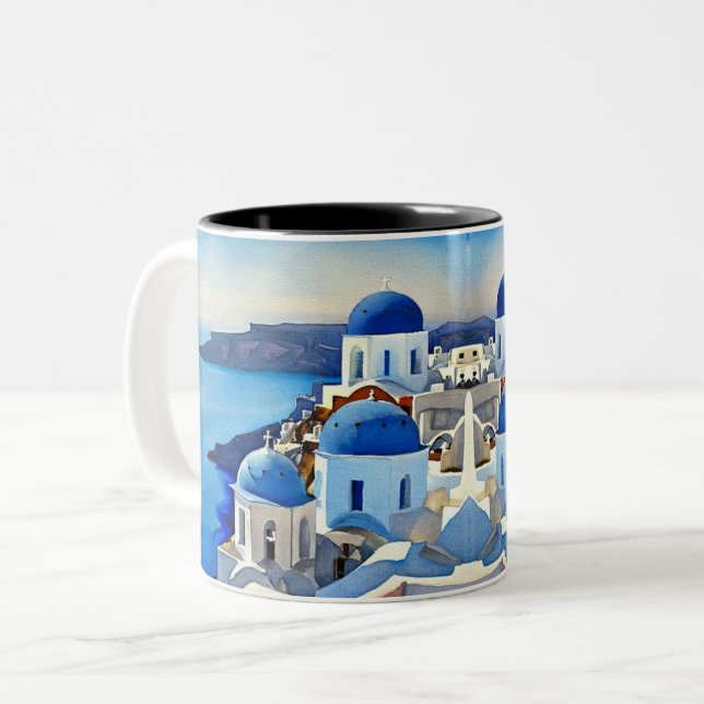 Santorini Greece Watercolor Painting Two-Tone Coffee Mug (Front Left)