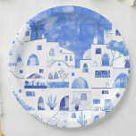 Santorini Greece Watercolor Paper Plate<br><div class="desc">A modern blue and white watercolor painting of the Greek island of Santorini.
Original art by Nic Squirrell.</div>