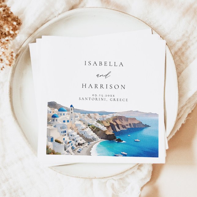 SANTORINI GREECE Watercolor Skyline Destination Napkin (Creator Uploaded)