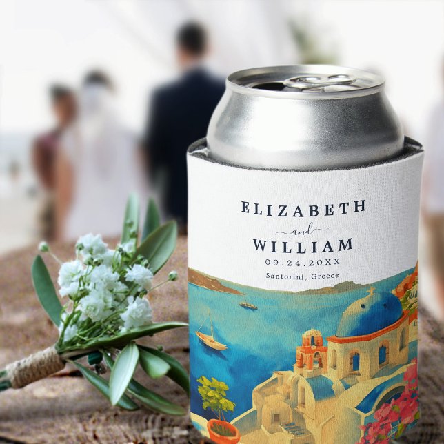 Santorini Greece Watercolor Skyline Wedding Can Cooler (Creator Uploaded)